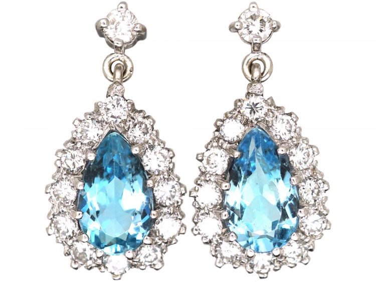 18ct White Gold, Pear Shaped Aquamarine & Diamond Drop Earrings