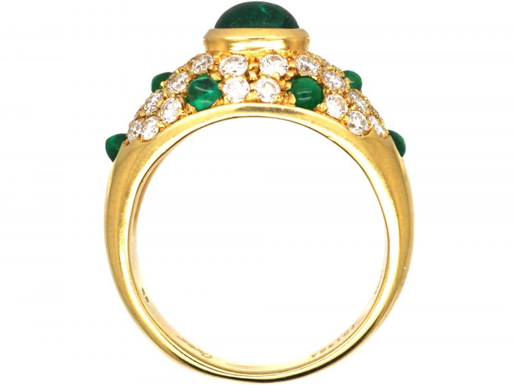 18ct Gold Ring by Cartier set with Cabochon Emeralds & Diamonds
