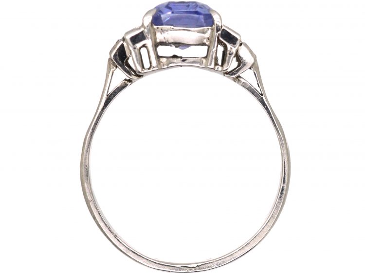 Art Deco Platinum Ring set with a Rectangular Cut Sapphire & Baguette & Square Cut Diamonds