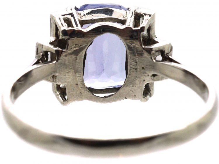 Art Deco Platinum Ring set with a Rectangular Cut Sapphire & Baguette & Square Cut Diamonds