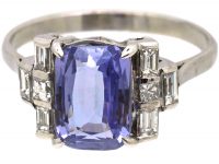 Art Deco Platinum Ring set with a Rectangular Cut Sapphire & Baguette & Square Cut Diamonds