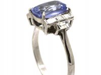 Art Deco Platinum Ring set with a Rectangular Cut Sapphire & Baguette & Square Cut Diamonds