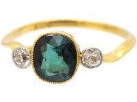 Edwardian 18ct Gold & Platinum, Green Tourmaline & Diamond Three Stone Ring