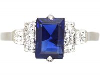 Art Deco 18ct White Gold & Platinum Ring set witha Rectangular Sapphire with Diamond Set Step Cut Shoulders