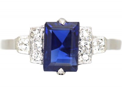 Art Deco 18ct White Gold & Platinum Ring set witha Rectangular Sapphire with Diamond Set Step Cut Shoulders