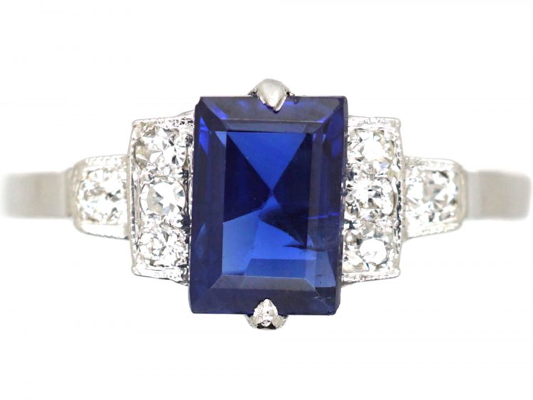 Art Deco 18ct White Gold & Platinum Ring set witha Rectangular Sapphire with Diamond Set Step Cut Shoulders