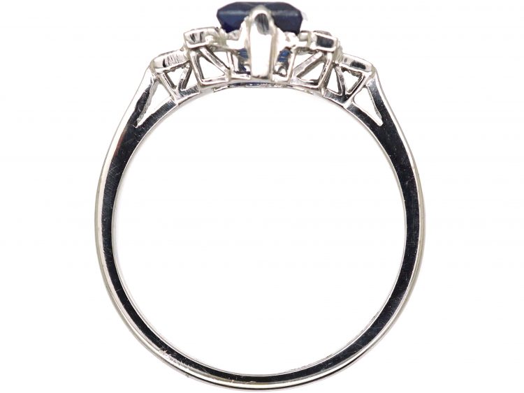 Art Deco 18ct White Gold & Platinum Ring set witha Rectangular Sapphire with Diamond Set Step Cut Shoulders