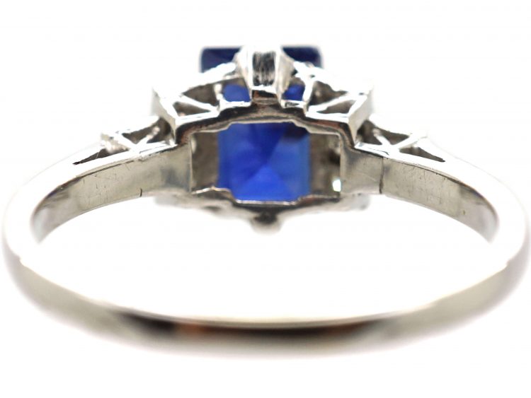 Art Deco 18ct White Gold & Platinum Ring set witha Rectangular Sapphire with Diamond Set Step Cut Shoulders