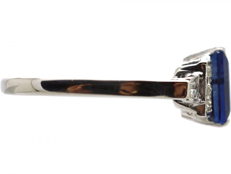 Art Deco 18ct White Gold & Platinum Ring set witha Rectangular Sapphire with Diamond Set Step Cut Shoulders