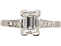 Art Deco Platinum, Rectangular Step Cut Diamond Ring with Diamond Set Shoulders