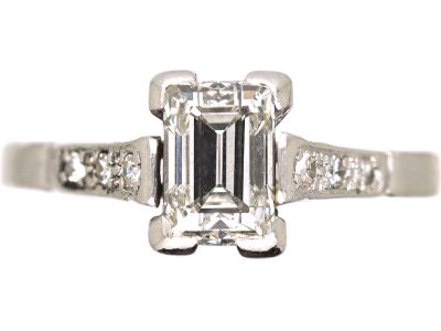 Art Deco Platinum, Rectangular Step Cut Diamond Ring with Diamond Set Shoulders