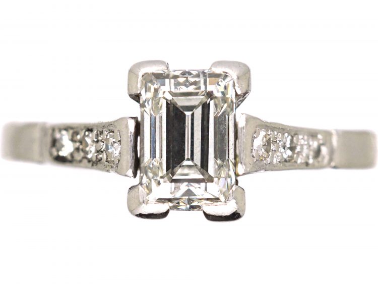 Art Deco Platinum, Rectangular Step Cut Diamond Ring with Diamond Set Shoulders