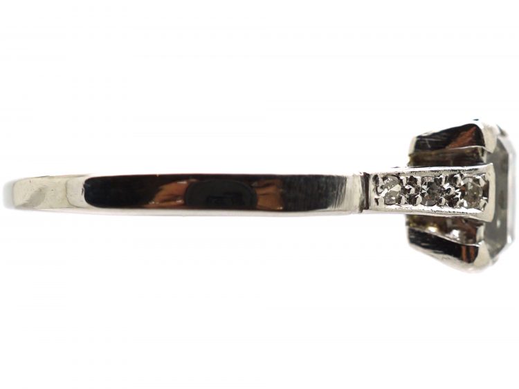 Art Deco Platinum, Rectangular Step Cut Diamond Ring with Diamond Set Shoulders