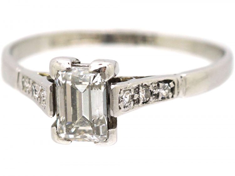 Art Deco Platinum, Rectangular Step Cut Diamond Ring with Diamond Set Shoulders