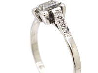Art Deco Platinum, Rectangular Step Cut Diamond Ring with Diamond Set Shoulders