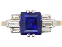 Art Deco 18ct Gold & Platinum Ring set with a Sapphire & Baguette Cut Diamonds