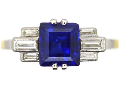 Art Deco 18ct Gold & Platinum Ring set with a Sapphire & Baguette Cut Diamonds