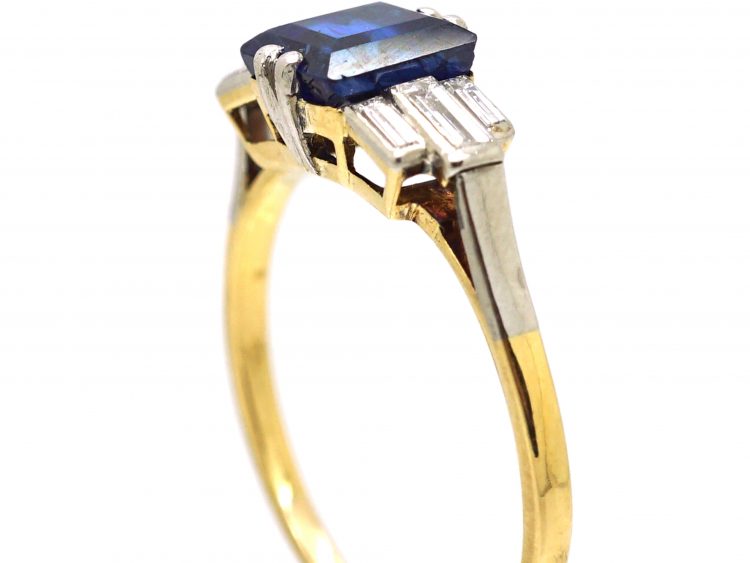 Art Deco 18ct Gold & Platinum Ring set with a Sapphire & Baguette Cut Diamonds
