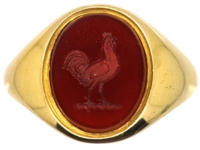 Edwardian 18ct Gold Signet Ring with Carnelian Intaglio of a Cockerel