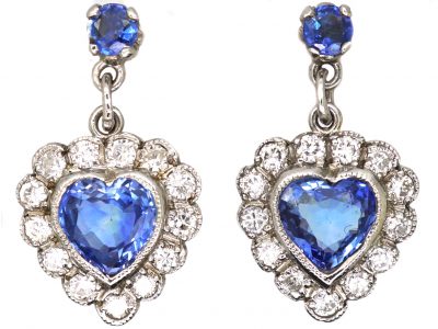 18ct White Gold, Sapphire & Diamond Heart Shaped Drop Earrings