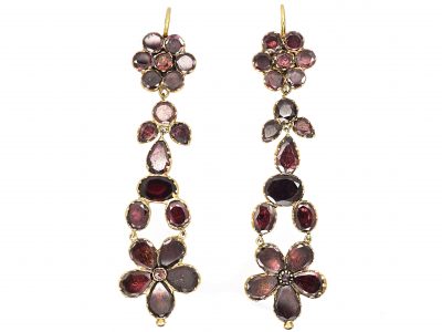 Georgian Gold Flat Cut Garnet Pansy Drop Earrings