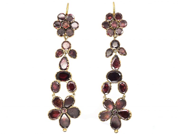 Georgian Gold Flat Cut Garnet Pansy Drop Earrings