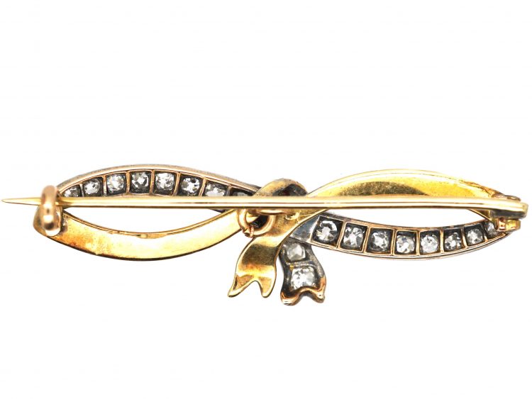Edwardian 15ct Gold & Silver, Red & White Enamel & Diamond Bow Brooch