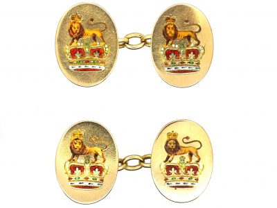 Victorian Royal 18ct Gold & Enamel Cufflinks with Lion & Crown Motifs