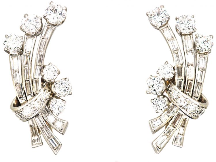 Early 20th Century 18ct White Gold Diamond Spray Earrings in Asprey Case