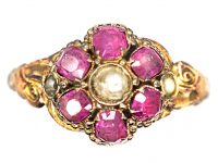 Victorian 15ct Gold, Ruby & Natural Split Pearl Cluster Ring