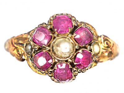 Victorian 15ct Gold, Ruby & Natural Split Pearl Cluster Ring