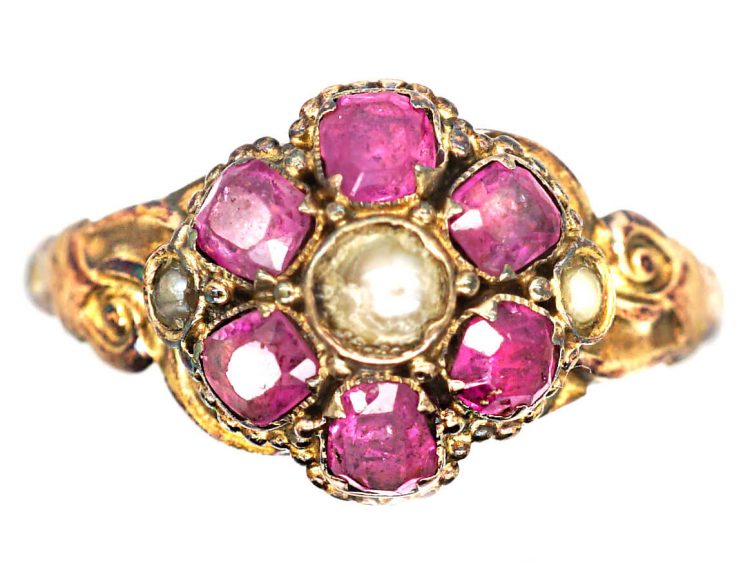 Victorian 15ct Gold, Ruby & Natural Split Pearl Cluster Ring