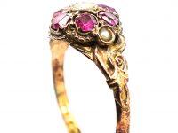 Victorian 15ct Gold, Ruby & Natural Split Pearl Cluster Ring