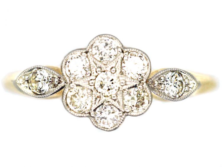 Edwardian 18ct Gold & Platinum, Diamond Cluster Ring with Diamond Set Shoulders