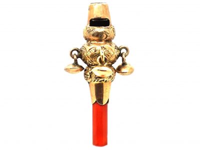 Victorian 9ct Gold & Coral Teething & Whistle Charm