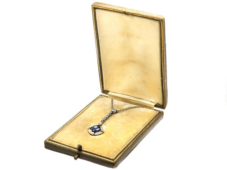 Edwardian Platinum, Diamond & Sapphire Drop Necklace in Original Case