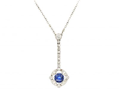 Edwardian Platinum, Diamond & Sapphire Drop Necklace in Original Case