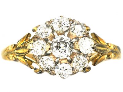 Victorian 18ct Gold Diamond Cluster Ring with Leaf Detail on the Shoulders