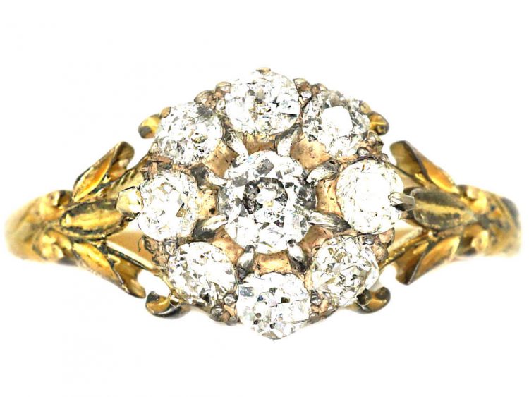 Victorian 18ct Gold Diamond Cluster Ring with Leaf Detail on the Shoulders