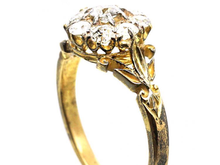 Victorian 18ct Gold Diamond Cluster Ring with Leaf Detail on the Shoulders