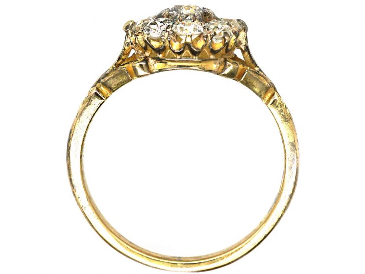 Victorian 18ct Gold Diamond Cluster Ring with Leaf Detail on the Shoulders