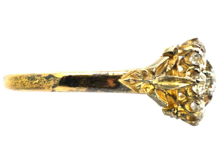 Victorian 18ct Gold Diamond Cluster Ring with Leaf Detail on the Shoulders