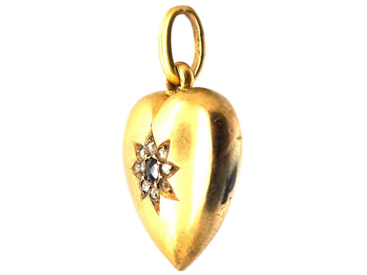 Victorian 15ct Gold Heart Shaped Pendant set with a Sapphire & Rose Diamonds
