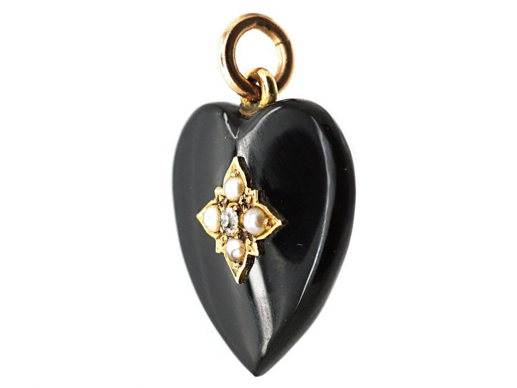 Victorian 15ct Gold Onyx Heart Shaped Pendant set with Natural Split Pearls