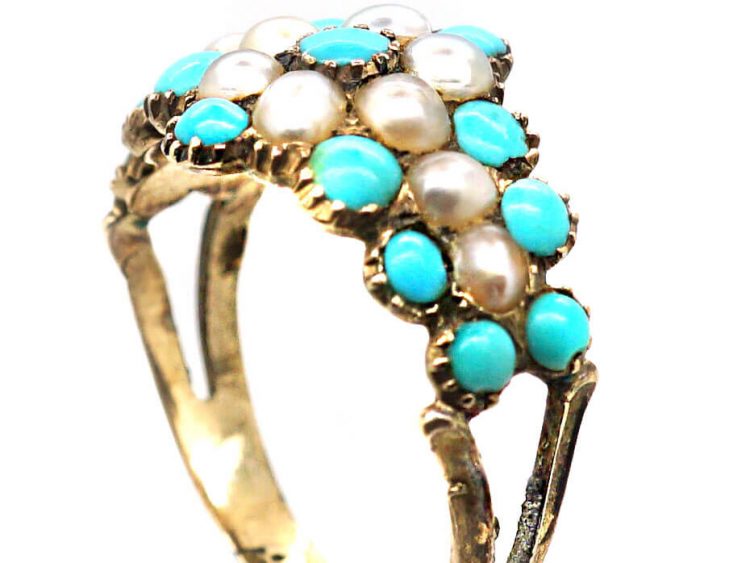 Early 19th Century 15ct Gold, Turquoise & Natural Split Pearl Cluster Ring
