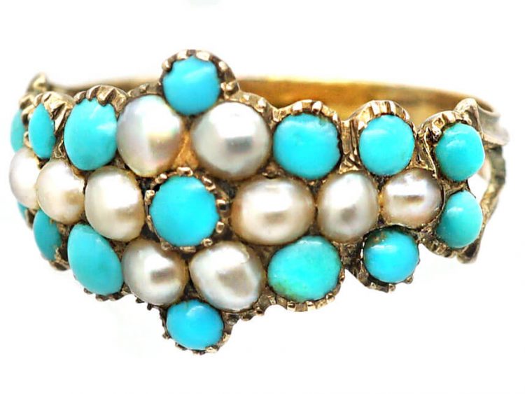 Early 19th Century 15ct Gold, Turquoise & Natural Split Pearl Cluster Ring