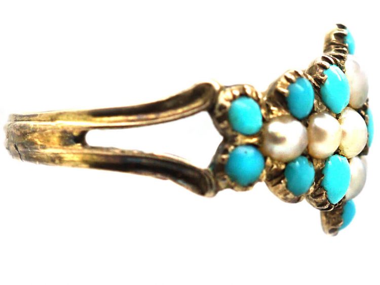 Early 19th Century 15ct Gold, Turquoise & Natural Split Pearl Cluster Ring
