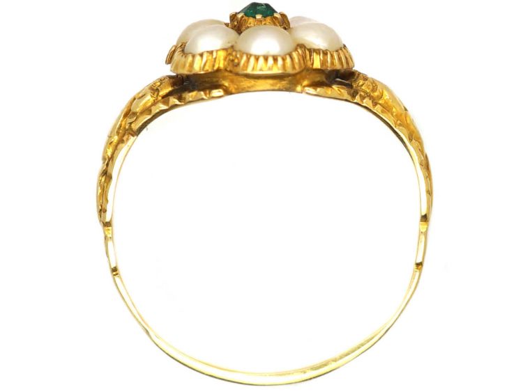 Early 19th Century 18ct Gold, Emerald & Natural Split Pearl Cluster Ring