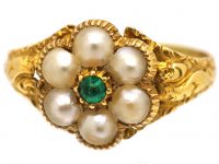 Early 19th Century 18ct Gold, Emerald & Natural Split Pearl Cluster Ring