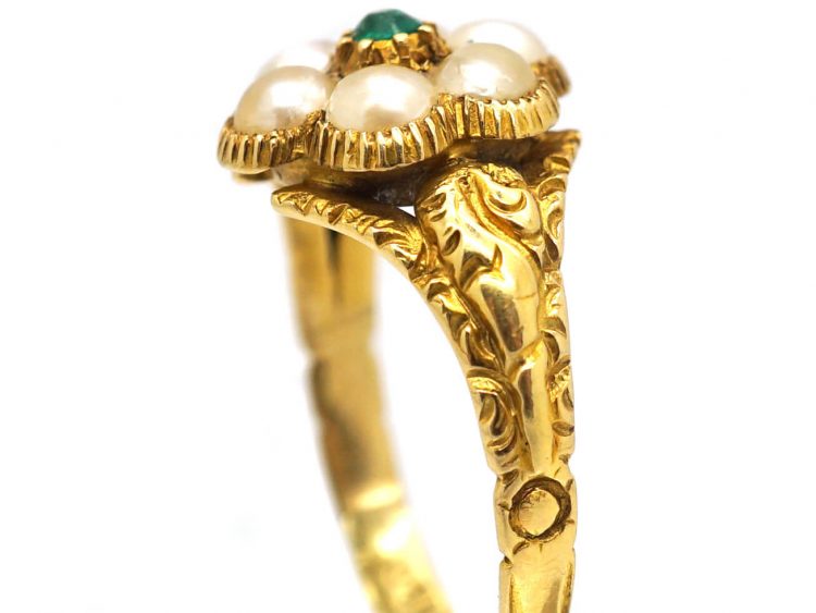 Early 19th Century 18ct Gold, Emerald & Natural Split Pearl Cluster Ring